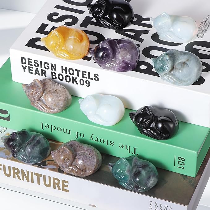 2" Sleeping Cat Statue Citrine Healing Crystals Hand Carved Cute Kitten Figurine, Worry Stone for Anxiety Relif Home Desk Decor Animal Figurine.