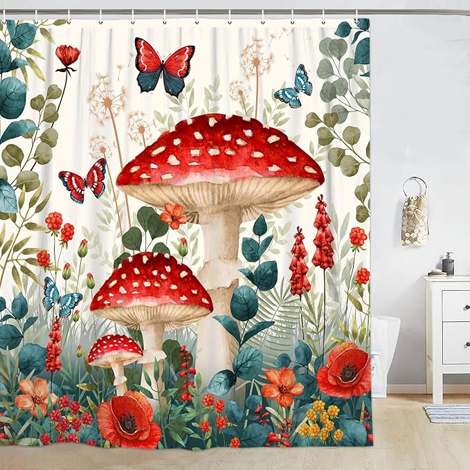 Boho Red Mushroom Shower Curtain,Floral Woodland Mushrooms with Sage Green Eucalyptus BranchesShower Curtain Set,Butterfly Botanical Flower Fabric Shower Curtains for Bathroom with Hooks 72X84inches