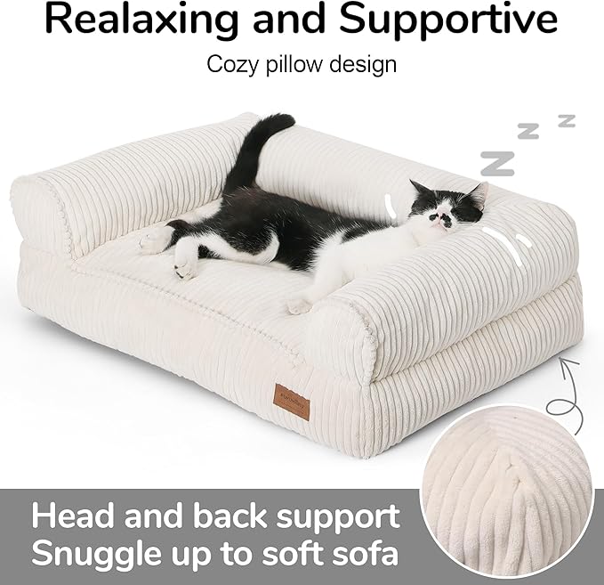 FUKUMARU Cat Couch Bed, Corduroy Cozy Cat Bed for Indoor Cats with Removable Washable Cover, Supportive Anti-Slip Dog Beds Sofa for Small Dogs Cute, 27inch, Medium, Cream