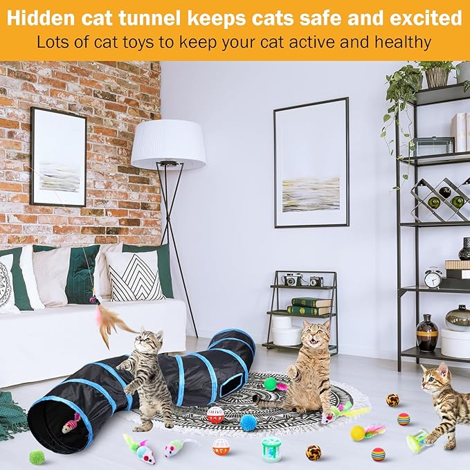 Wettarn 22 Pieces Cat Toys Set, with 2 Collapsible Cat Tunnels for Indoor Cats and 20 Kitten Toys Cat Tubes and Tunnels Interactive Cat Feather Toy Mouse Crinkle Balls for Cats Puppies (Black, Blue)