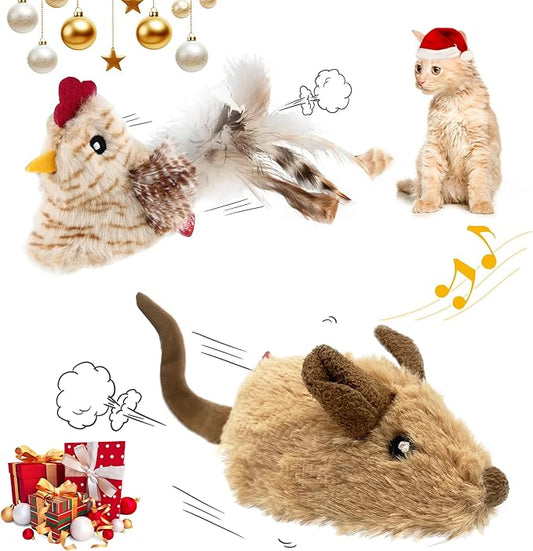 Gigwi Interactive Cat Toys for Indoor Cats, Cat Mouse Toys 2 Pcs with Electronic Realistic Squeaky Sound, Automatic Moving Kitten Toys Electric Mice Toy Self Play Exercise(Brown Ears& Chicken)