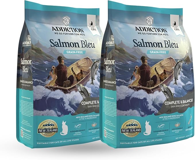 Addiction Salmon Bleu – Premium New Zealand King Salmon Recipe – Skin, Coat & Cognitive Health - Complete & Balanced - Omega-3 Rich - Grain-Free Dry Cat Food for All Life Stages – 4lbs (2 Packs)