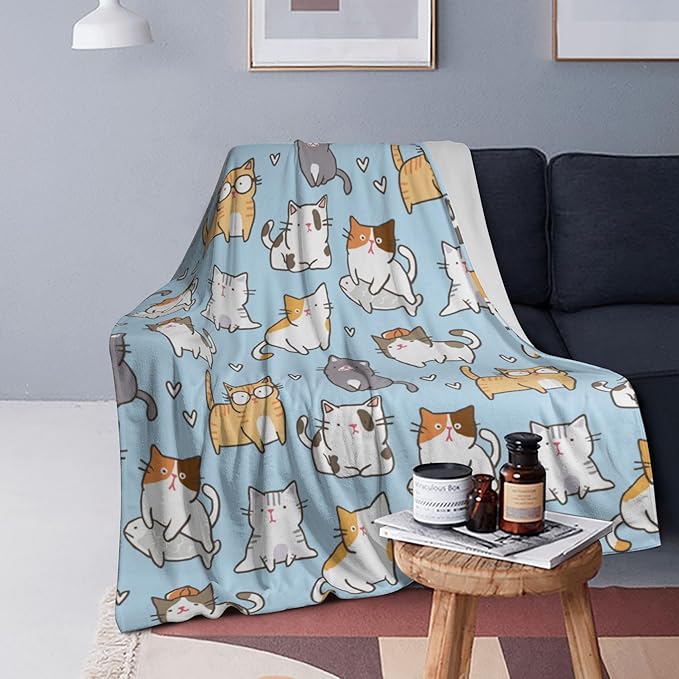 Cute Kids Cats Print Blanket Throw 50"x40", Plush Flannel Blankets with Cats on It, Gifts for Boys Girls Cat Lovers People