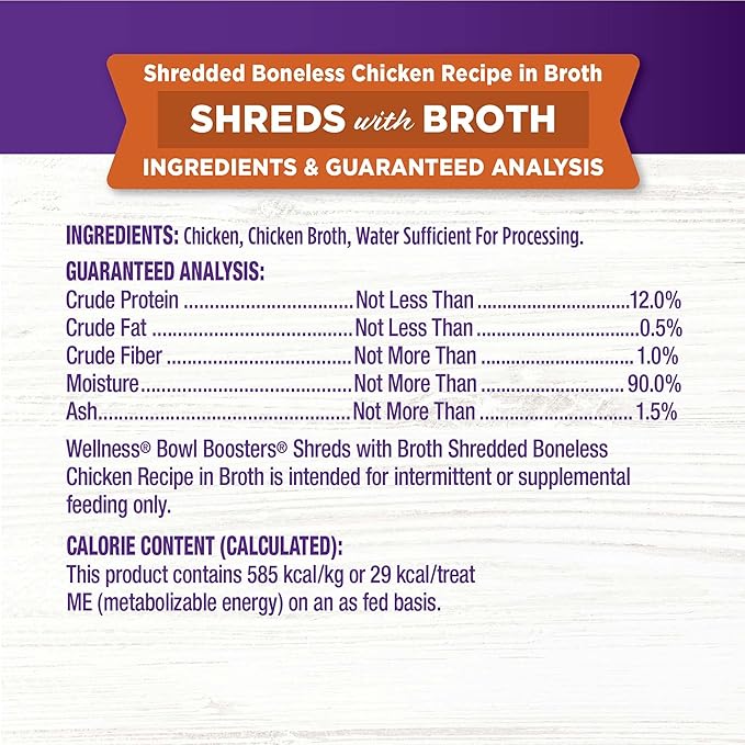 Wellness Bowl Boosters Grain Free Wet Cat Food Topper, Shredded Chicken Recipe in Broth, 1.75 Ounce Pouches (Pack of 12)