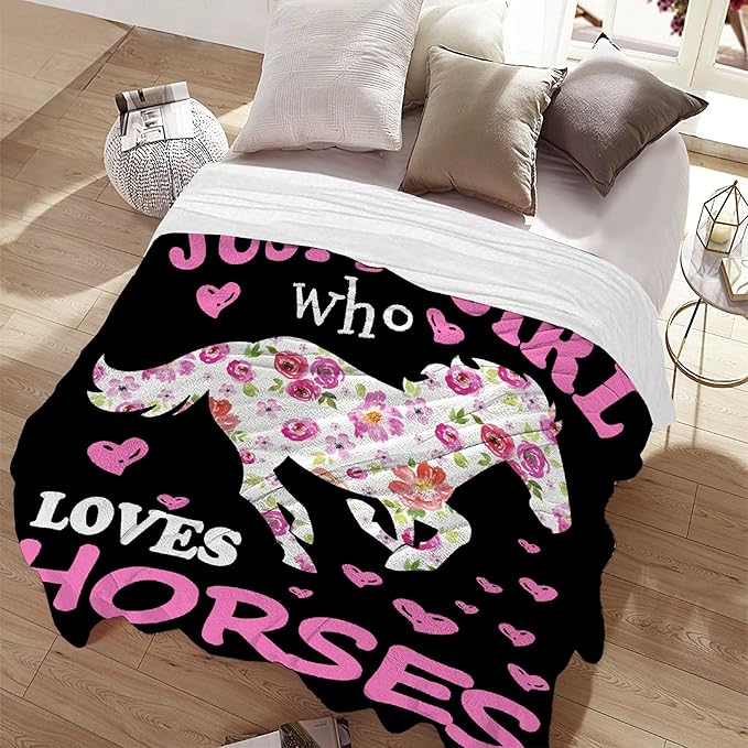 Horse Blanket Gifts for Girls Women Kids Teen Plush-Just A Girl Who Loves Horses Comfy Throws Cowboy Western Lightweight Sheet Pony Bedding Soft Flannel Blankets for Travel-60x80 Inches