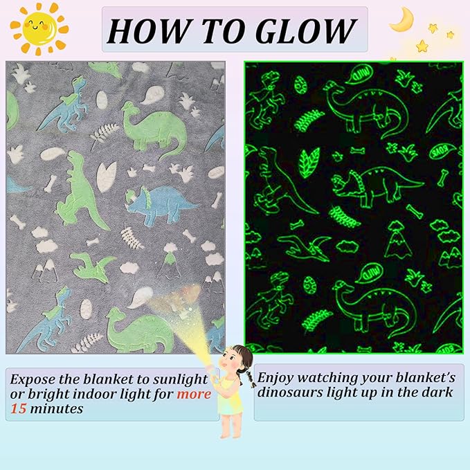 Dinosaur Blanket for Boys, Glow in The Dark Blanket for Kids, Dinosaur Gifts for Boys/Kids, Birthday, Valentines Day, Christmas, 50 x 60 Inch