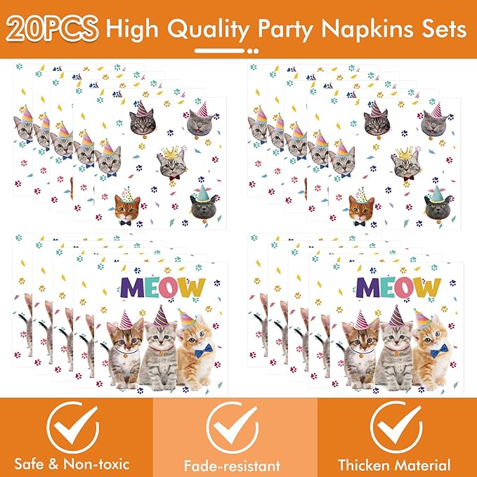 41Pcs Cat Theme Party Supplies - Kitten Birthday Party Decorations Include 20 Paper Plates, 20 Napkins and 1 Tablecloth