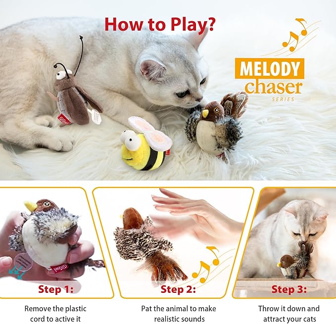 Gigwi Automatic Cat Toys Pack, Interactive Cat Toys Electronic Squeaky Animals Bird/Cricket/Bee, Plush Toys for Cats to Play Alone, Play and Squeak Cat Toys for Indoor Cats Boredom, 3 Pcs