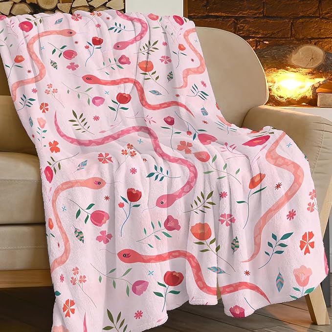 Cute Snake Reptile Blanket Ultra Soft Cozy Pink Flower Snake Throw Blanket Fleece Fuzzy Plush Bedding Blanket Real Snake Lovers Gifts for Women Girls Kids Adults Couch Sofa 80"x60"