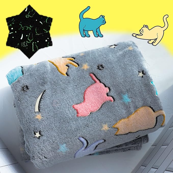Best Gift Glow in The Dark Cute Cat Throw Blanket with Storage Bag, Soft Throw Blanket for Girls Boys, Birthday, Girls Blanket Kids Blanket,Day Care Home Travel Use,50"x60" Grey