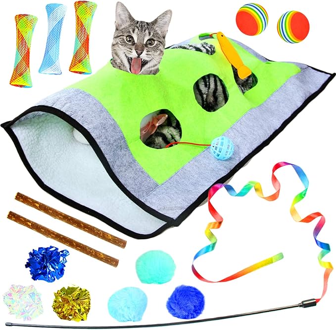 Youngever 15 Cat Toys Kitten Toys Assortments, Cat Crinkle Play Mat, Cat Teaser Wand Interactive Toys Cat Springs, Crinkle Balls for Cat, Puppy, Kitty, Kitten