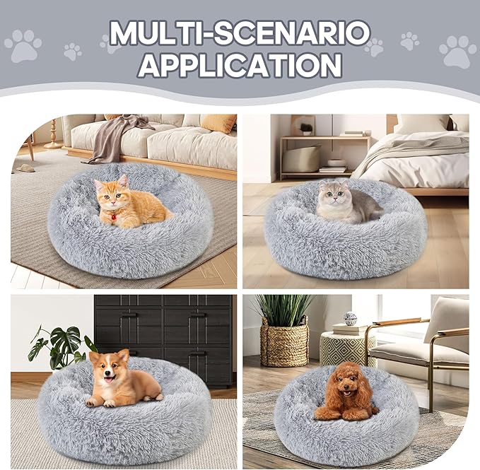 Calming Round Cute Cat & Dog Bed, Anti-Slip Washable Cozy Soft Round Pet Bed, Fluffy Faux Fur Plush Dog Cuddler Bed Fits up to 25 lbs Dogs and Cats(Donut Light Grey, 24inch x 24inch)