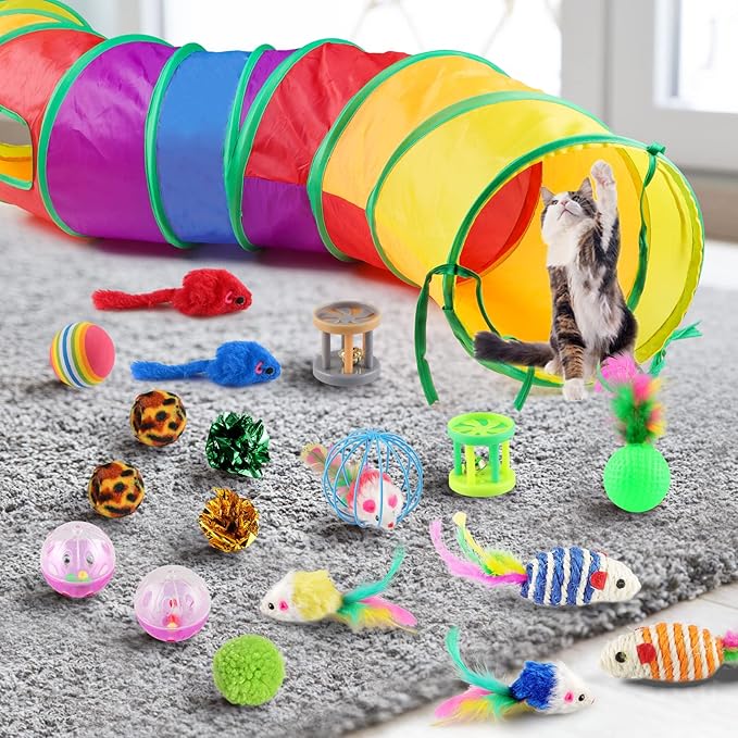 Cat Feather Toys 32PCS Interactive Kitten Toys Assortments, Rainbow Tunnel, Teaser Wand, Crinkle Balls, Bells, Colorful Mice, for Small Breeds