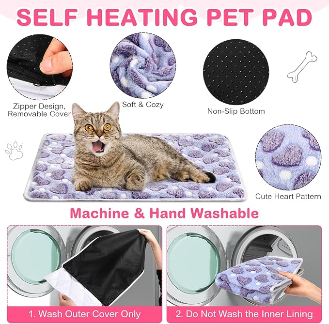 4 Pack Self Heating Cat Bed Cat Self Warming Pad with Removable Cover Extra Warm Thermal Pet Pad Washable Pet Crate Mat Anti Slip Kennel Pad for Indoor Outdoor Pets(Heart,16 x 20 Inches)