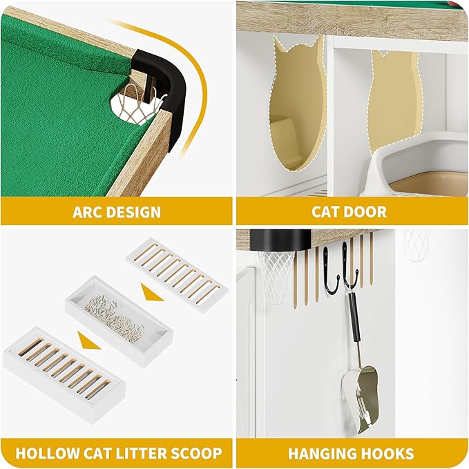 DWVO 4 in 1 Cat Toys Mini Pool Table for Cats, Litter Box Enclosure for 2 Cats, Cat Pool Table Tower with Feather Wand Interactive Exercise Play Rest Beds & Litter Box Furniture, White, Large