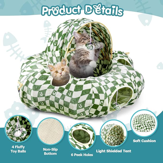 Cat Tunnel Bed for Indoor Cats, Cat Donut Tunnel with Straight Tunnel, Washable Circle Cushion, 4 Hanging Balls and 6 Peek Holes, Collapsible Pet Play Tunnel Toy, Green