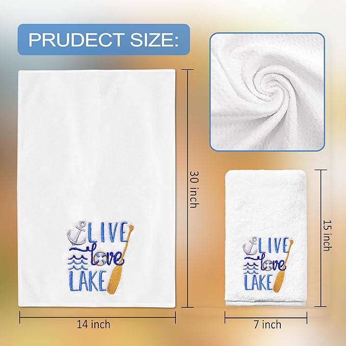 Lake Hand Towels for Bathroom Set of 2, Embroidered House Gifts Decor, Life Decorative New Home Tea Towels, 100% Cotton Soft Kitchen Towels 14x30 Inches