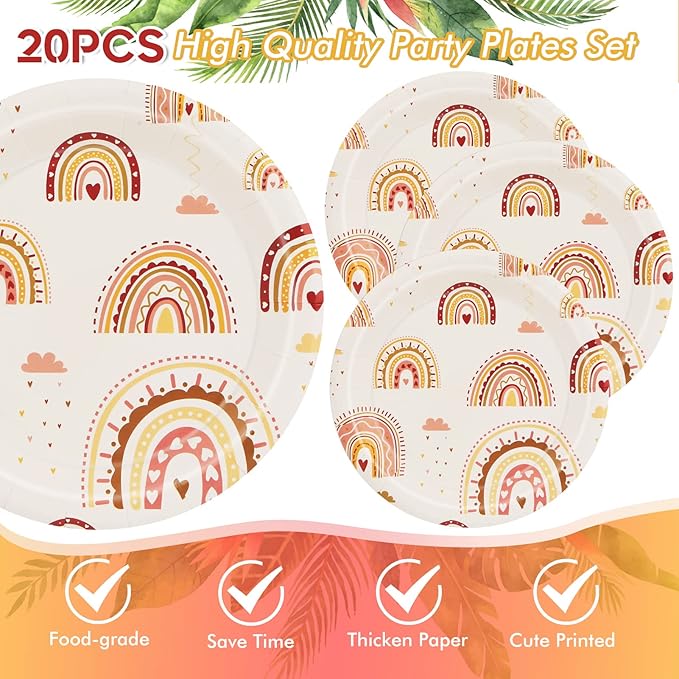 Boho Rainbow Party Supplies Boho Rainbow Baby Shower Tableware Set Including Paper Plates Napkins Tablecloth for Boho Birthday Party Baby Shower Decorations Supplies