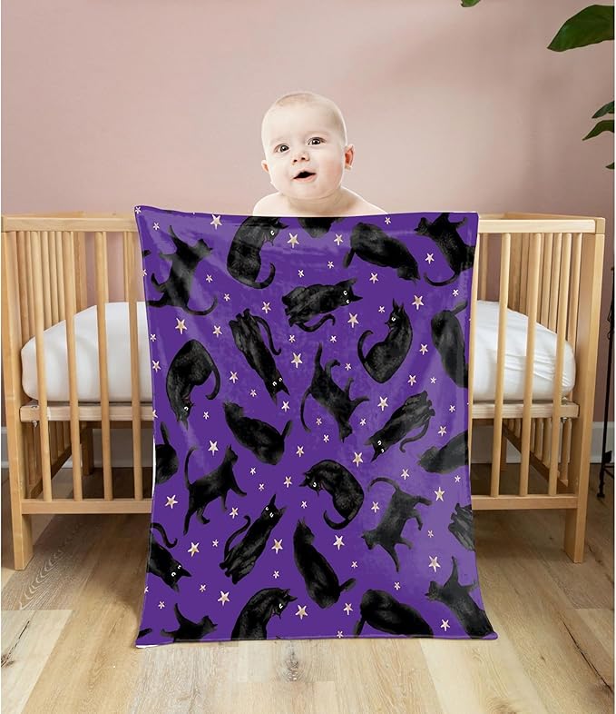 Khumbhira Cute Black Cats Blanket Gifts for Cat Lovers Girl, Stars Plush Moon Halloween Throw Blanket for Women Lightweight Flannel Fleece Christmas Bedding for Sofa Bed Chair for Adults 120x90In