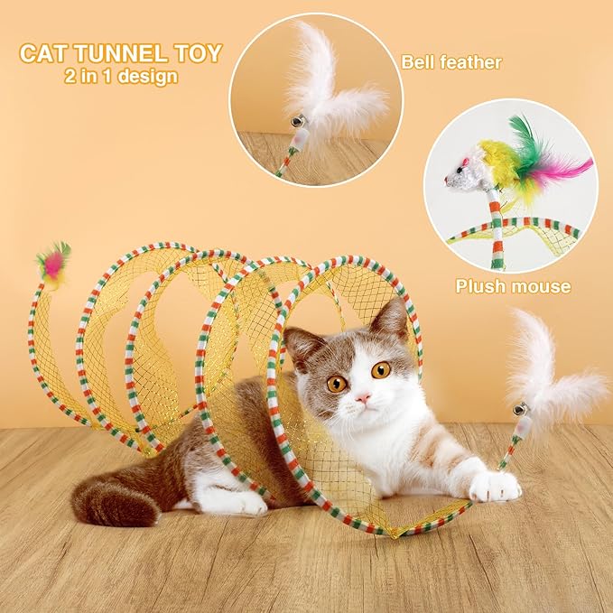S Type Self-Play Folded Coil Cat Spiral Tunnel Toy for Indoor Large Cats Play Exercise with 2 PCS Flea Lice Combs, Decompression Interactive Cat Springs Toys (Yellow)