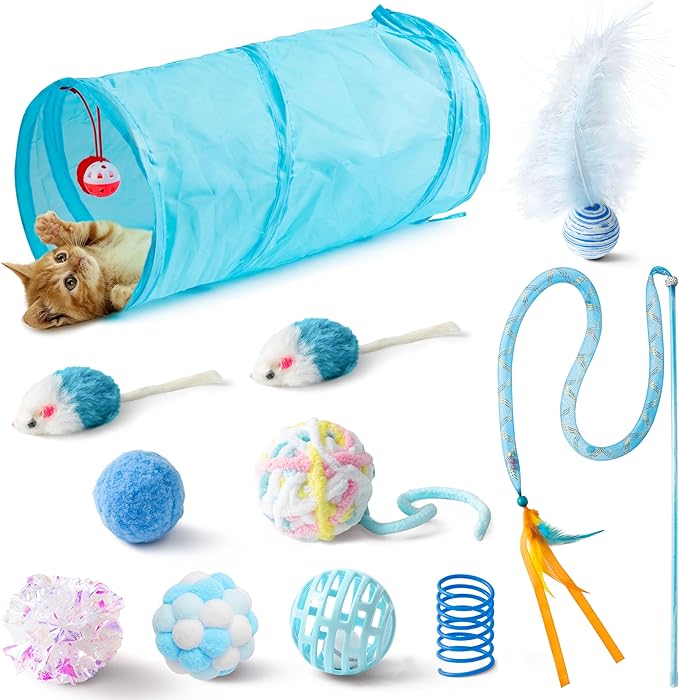 MALLMALL6 11Pcs Cat Toy Set Interactive Cat Toys Pack with Foldable Blue Tunnel Feather Teaser Wand Cat Springs Mice Crinkle Balls and Pet Bell Balls, Puzzle Toys for Indoor Cats Gift (Blue)