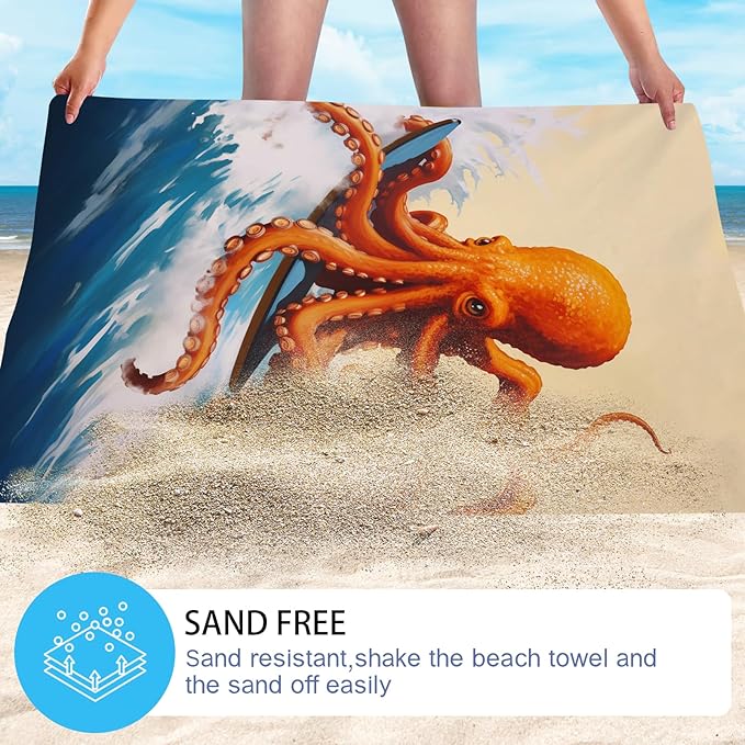 WZOMT Microfiber Octopus Beach Towel, Funny Octopus Surfing Ocean Animal Print Bath Towel for Kids Adults, Orange Blue Quick Dry Sandproof Towels for Swim/Travel/Pool, Oversized 32x52 Inch