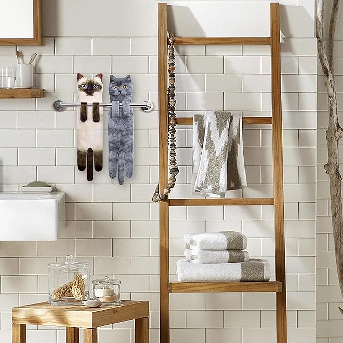 Cat Funny Hand Towels for Bathroom Kitchen - Cute Decorative Cat Decor Hanging Washcloths Face Towels Super Absorbent Soft - Mothers Day Easter House Warming Birthday Gifts for Women Cat Lovers