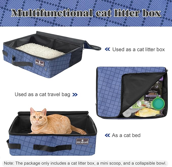 HiCaptain Portable Litter Box for Cats, Collapsible Travel Litter Box with Lid, Handle and Storage Pocket, Foldable Litter Box for Small Medium Cats Leak Proof, Waterproof, Odor Free-Blue
