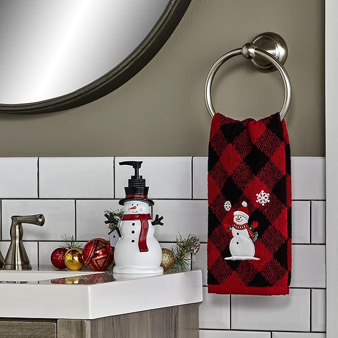 SKL Home Christmas/Winter Snowman Hand Towel 2pc Set for Bath/Kitchen/Bar & Gift, Red/Black