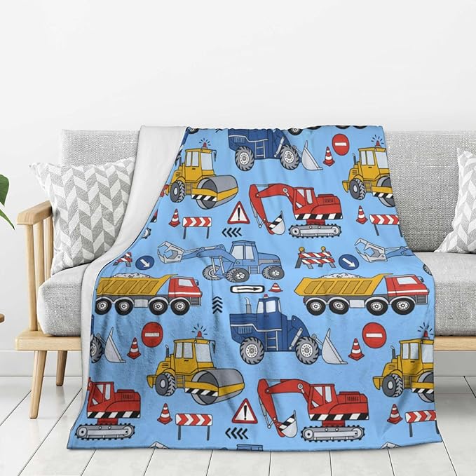 Kids Truck Car Blanket Throw 80"x60", Plush Flannel Tractor Excavators Blankets, Soft Warm Decorative for Kids Women Adults
