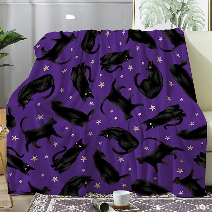 Cute Black Cats Blanket Gifts for Cat Lovers, Stars Plush Moon Halloween Throw Blankets Lightweight Flannel Fleece Kids Bedding for Chair Couch Bed 40x50In