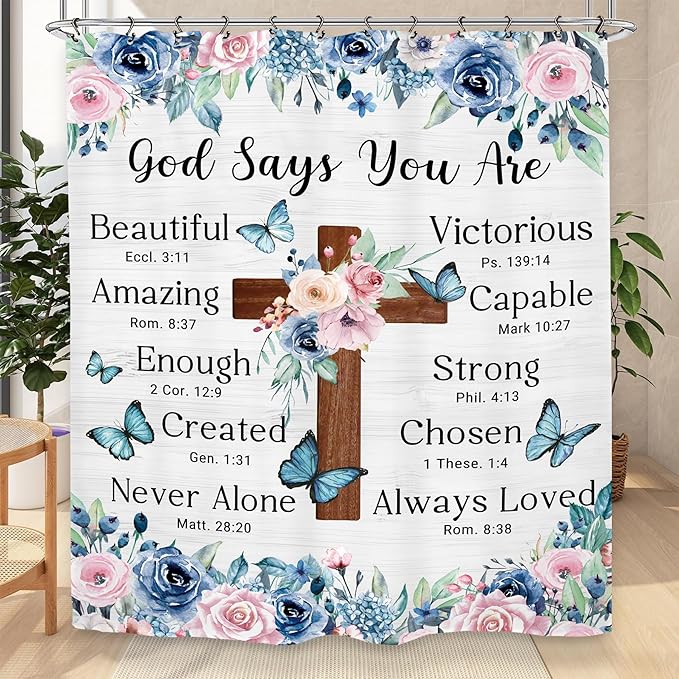 Bible Flower Shower Curtain 60Wx72L Inch Christian Scripture Cross Inspirational Motivational Positive Bathroom Set Accessories Decor with 12 Pack Hooks