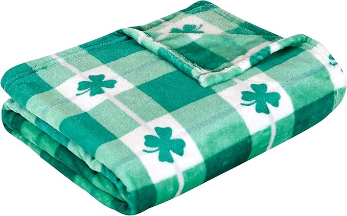 Elegant Comfort Velvet Touch Ultra Plush St Patricks Day Lucky Spring Green Clover Shamrock Irish Printed Fleece Throw/Blanket-50 x 60inch, Lucky Plaid Clover