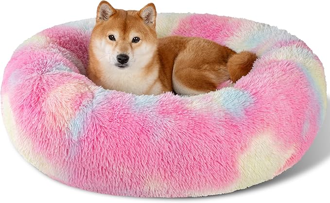 Dog Bed Calming Dog Beds for Small Medium Large Dogs - Round Donut Washable Puppy Dog Bed, Anti-Slip Faux Fur Fluffy Donut Cuddle Anxiety Cat Pet Bed(32'' Color)