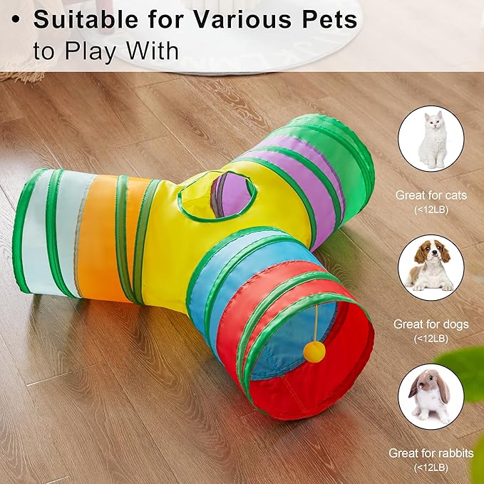 Love's cabin Cat Tunnel Tube Cat Toys 3 Way Collapsible, Cat Tunnels for Indoor Cats，Kitten Tunnel Bored Cat Play Tunnel with Peek Hole Toy Ball for Cat, Kitty, Kitten, Rabbit, Puppy Rainbow