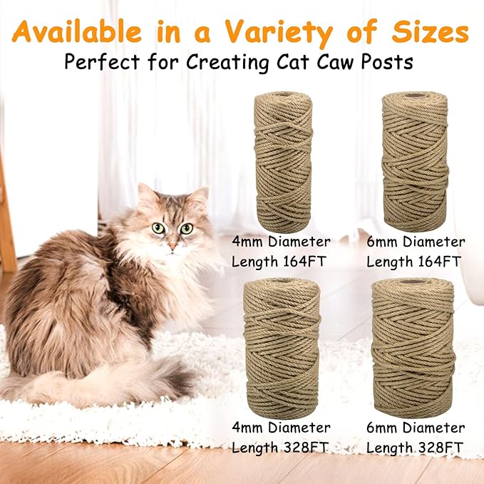 Jute Rope for Cat Scratch Post 1/6" mm Diameter 328 FT Cat Natural Hemp Rope Cat Tower Repair Rope Cat Tree Rope Replacement Recovering and DIY
