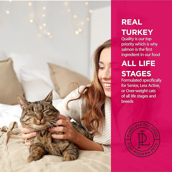 PURELUXE Grain and Gluten Free Cat Food, Healthy Weight Elite Nutrition, Turkey, Chicken, Salmon, for Senior, Less Active or Overweight Cats, All Life Stages and Breeds, Made in The USA, 11lbs