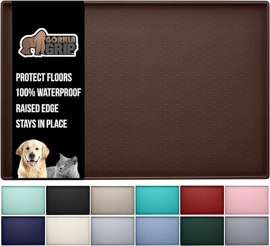 GORILLA GRIP 100% Waterproof Raised Edge BPA Free Silicone Pet Feeding Mat, Dog Cat Food Mats Contain Spills Protects Floors, Placemats for Cats and Dogs Water Bowl, Pets Accessories 32x24 Brown