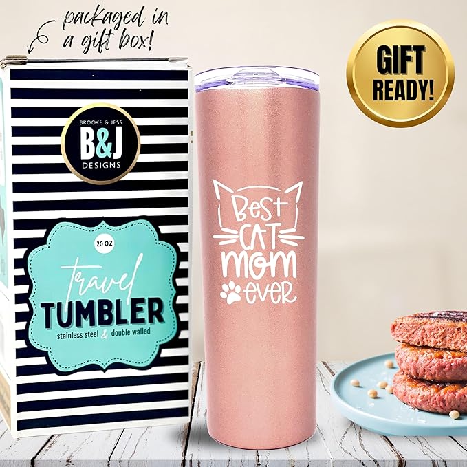 Brooke & Jess Designs Cat Tumbler - 20 oz Funny Cat Mom Gifts for Women - Insulated Mug for Coffee or Tea - Perfect for Christmas, Birthdays, Mother's Day