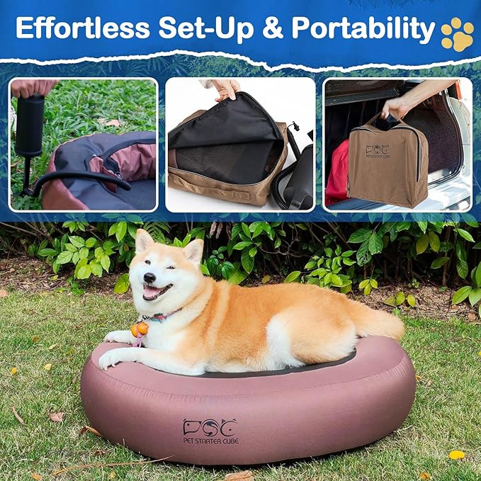 Elevated Dog Bed,Inflatable Dog Bed Raised,Pet Cushion Sofa for Medium Dogs,Portable Dog Cot Doughnut Round Stand,Waterproof Dog Bed Frame for Indoor,Outdoor(Coffee)