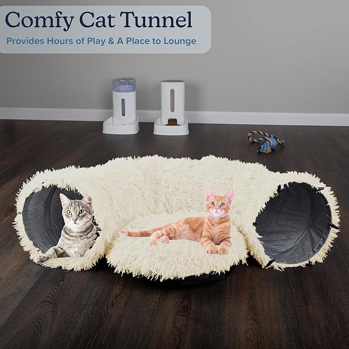Cat Tunnel with Cat Bed for Indoor Cats - 3FT Multifunctional Cat Tunnel Bed with Cat Toys - Soft, Plush Peekaboo Cat Cave for Kittens, Cats, Ferrets, and Rabbits - Cat Products by PETMAKER (Cream)
