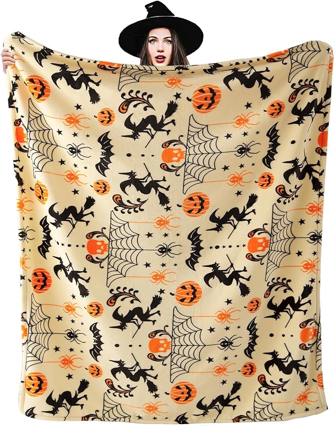 Pumpkin Halloween Blanket 50” x 70” Reversible Witch's Hat Spider Webs Print Fleece Throw Blanket, 320 GSM Surper Soft Warm Cozy Blanket for Couch Sofa, Halloween Harvest Gifts and Orange Home Decor