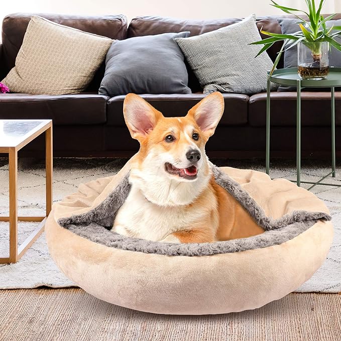 GASUR Dog Beds for Small Medium Dogs with Hooded Blanket, Cozy Cuddler Luxury Puppy Pet Bed with Blanket Attached, Donut Round Calming Anti-Anxiety Dog Burrow Cave Bed, Machine Washable 26 inch
