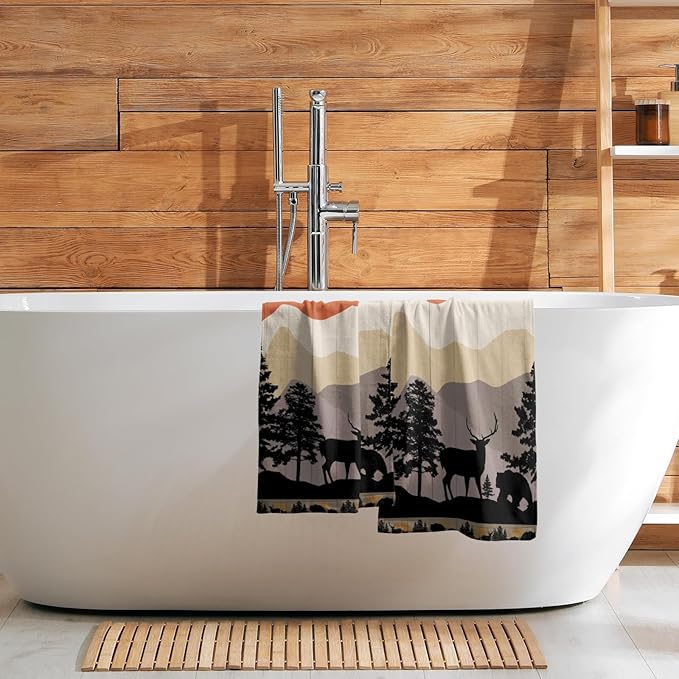 Rustic Bear Deer Hand Towels Forest Woodland Bath Towel Set of 2 Soft Kitchen Dish Towels Decorative Bathroom Towels for Face Guest Gym