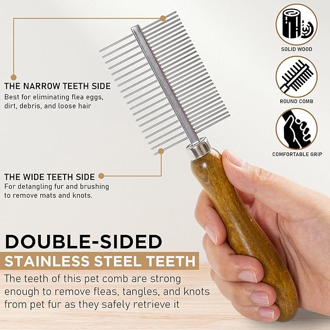 Takavu Metal Dog Comb for Removes Tangles and Knots, Cat Comb for Removing Matted Fur, Stainless Steel Smooth Round Teeth Grooming Tool with Wooden Handle for Grooming Pets Hair
