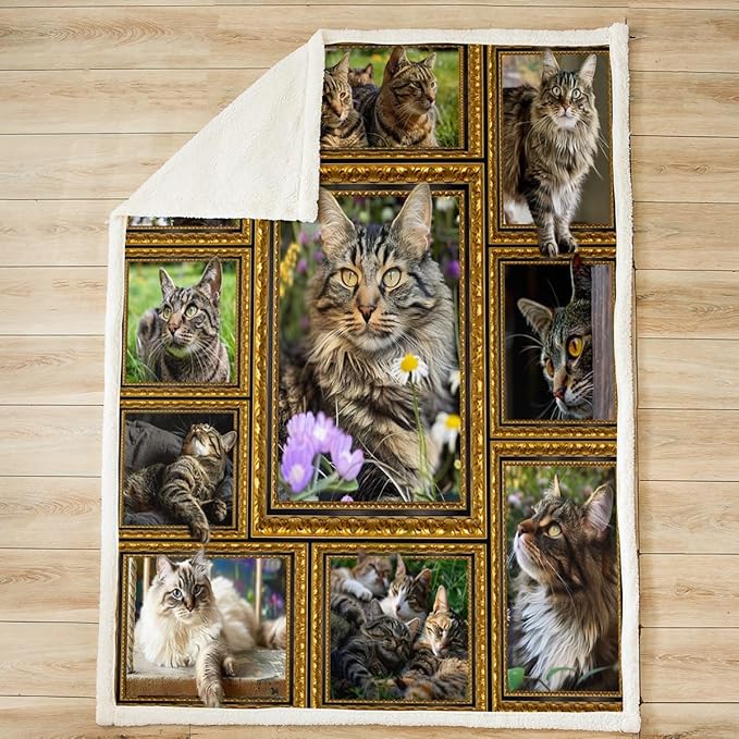 Feelyou Maine Coon Fleece Throw Blanket for Bed Sofa Couch Cute Cat Floral Plush Blanket Queen 90"x90" Kawaii Kitten Pet Sherpa Blanket Gift for Maine Coon Lover Fuzzy Blanket Flannal Blanket