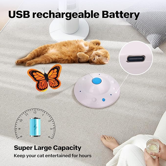 Self Moving Cat Toy for Indoor Cats, Electronic Cat Butterfly Toy, Interactive Automatic Rechargeable Toy for Kitten Chasing with LED Light