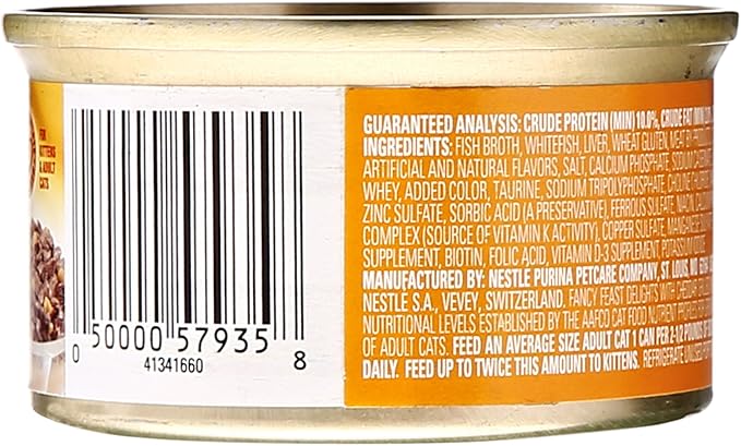 Fancy Feast 5000057935 Canned Delights Cat Food, Whitefish And Cheddar, 3 oz