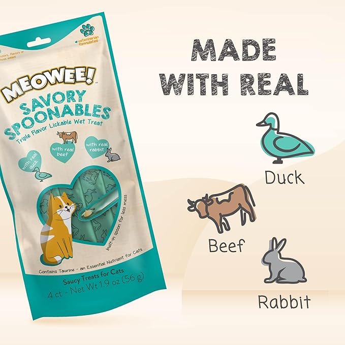Savory Spoonables with Real Duck, Beef and Rabbit for Cats, 4 Count, Treat Your Cat to Triple Flavor Squeezable Lickable Wet Treats with Built-in Spoon for Less Mess