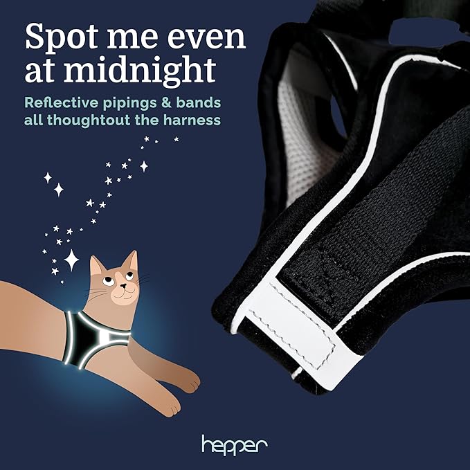 Hepper Cat Harness and Leash Escape Proof Set - Black Tactical Cat Harness with Reflective Safety Strips - Kitten or Cat Vest/Cat Jacket/Cat Walker (XXS)